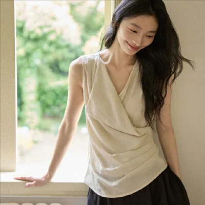Sweet Soft Beige Linen-blend Sleeveless Wrap Top V-neck Asymmetrical Ruched Waist Casual Blouse For Women Commuted Dated Outfits