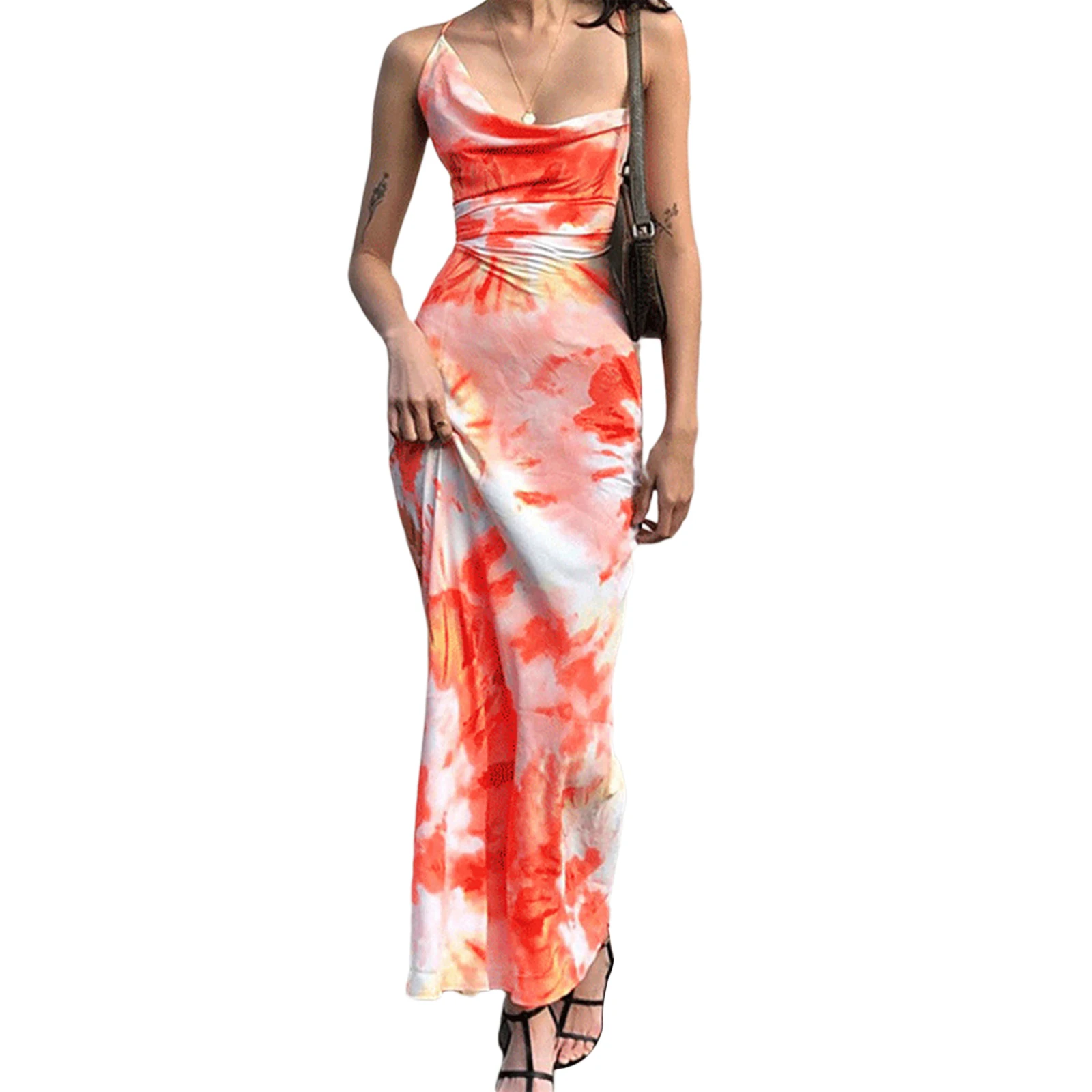 Women Y2k Sleeveless Sling Maxi Dress Summer Tie-dyed Printed Boat Neck Dress Sexy Backless Sundress