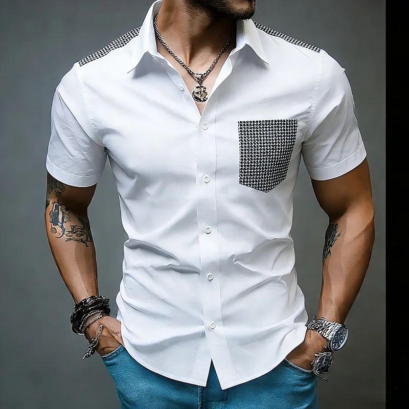 Men Short   Plaid Pocket Shoulder Male Chemise Hemd Homme Shirt   Sleeve Shirts Lapel Collar Mens Dress Shirts Casual