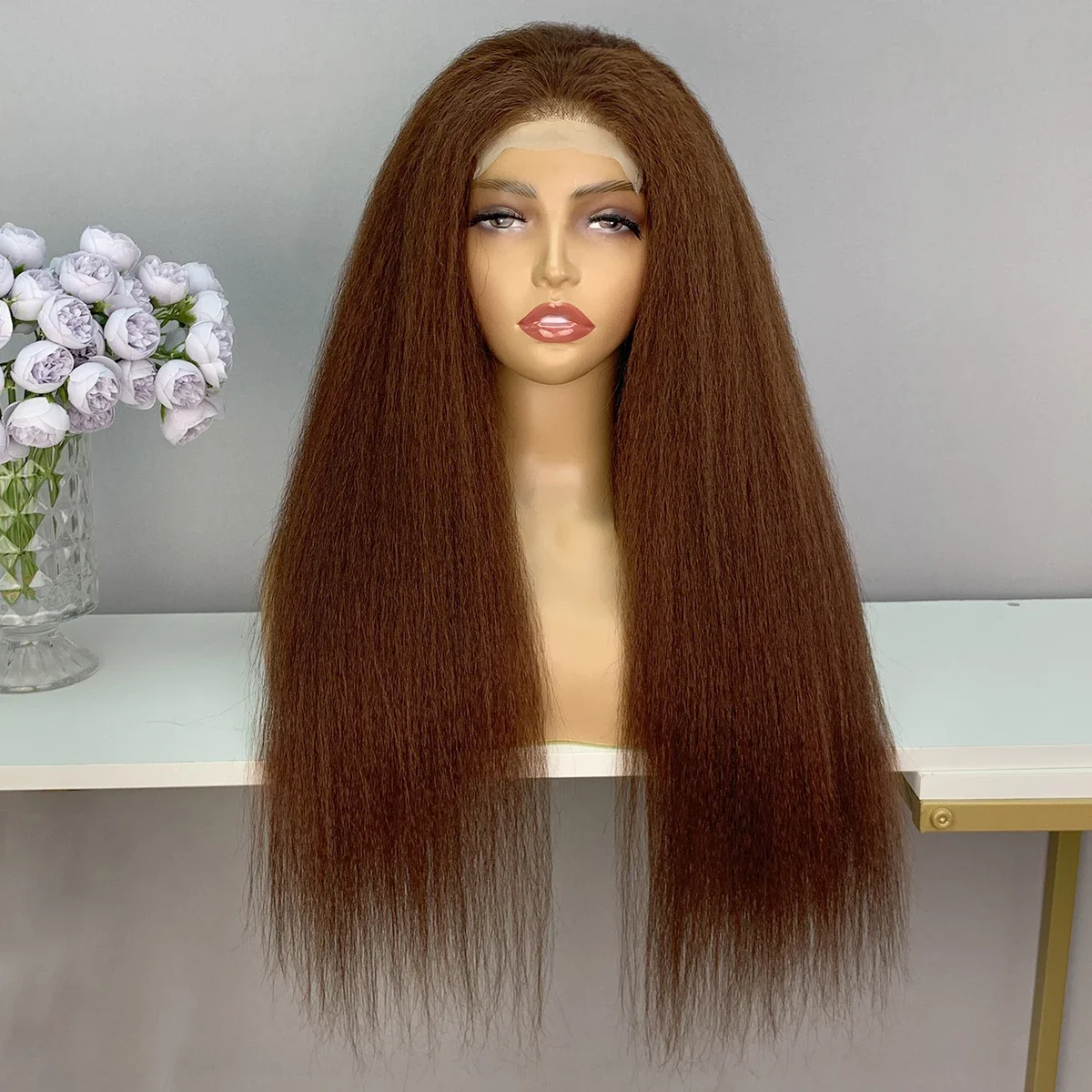 

Soft Glueless 180% Density Brown Honey Blonde Yaki Kinky Straight Long Lace Front Wig for Black Women With Babyhair Preplucked