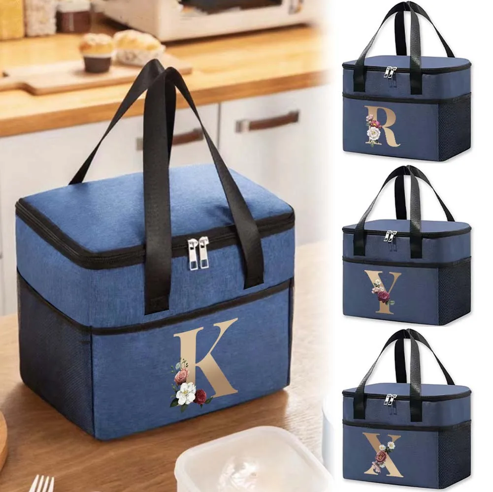 Lunch Bag Portable Thermal Insulated Bags Cooler Bags Outdoor Travel Simplicity Handbag for Men and Women Gold Letter Series