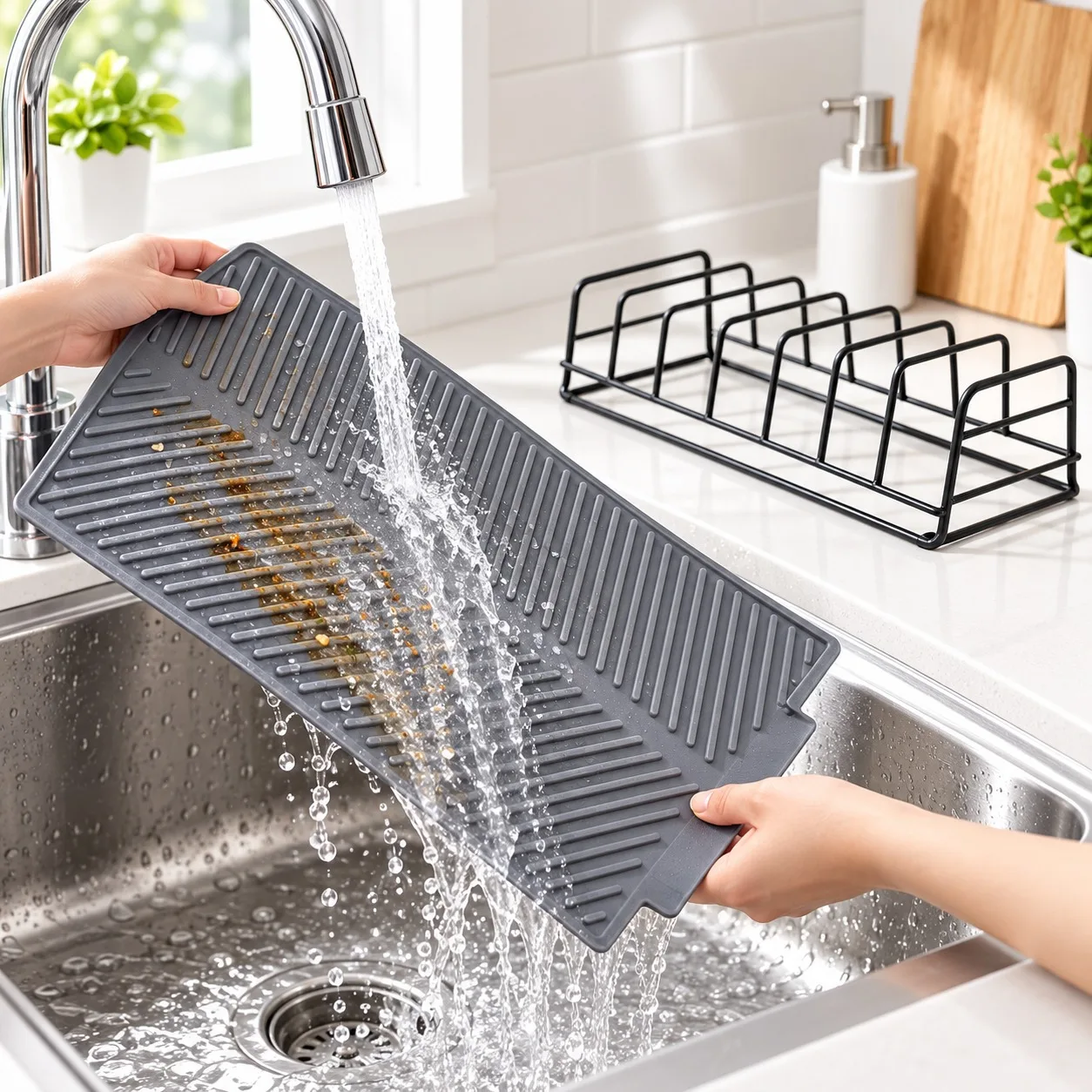 Escurridor de platos 2 en 1 con base de silicona y soporte de metal, 43 x 33 cm, sistema de drenaje automático para el fregadero de la cocina, organizador de platos.