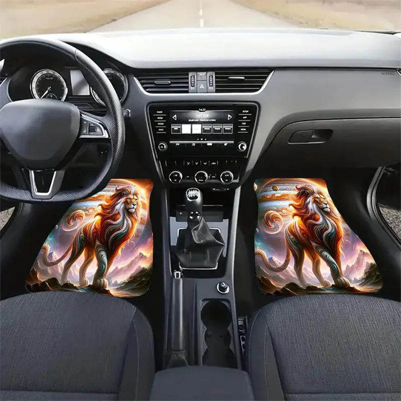 4pcs Flame Lion Pattern Car Floor Mats Set - Crystal Velvet Anti-Slip, Easy To Clean, Keeps Interior Tidy, Ideal Gift For Car En