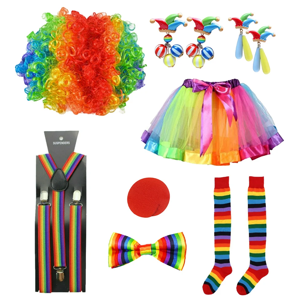 PESENAR 8-piece clown suit women's Circus Clown rainbow dress clown wig with nose shorts gloves for Halloween role play