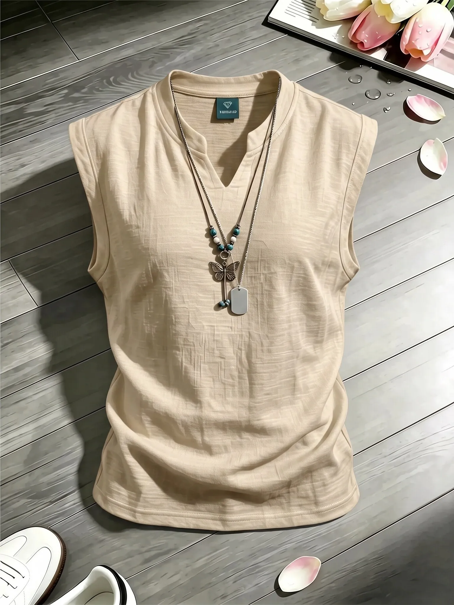 Men's V-Neck Ice Silk Quick Dry Vest Breathable Summer Sport Fitness Tank Top  Linen Simulation Sleeveless T-Shirt