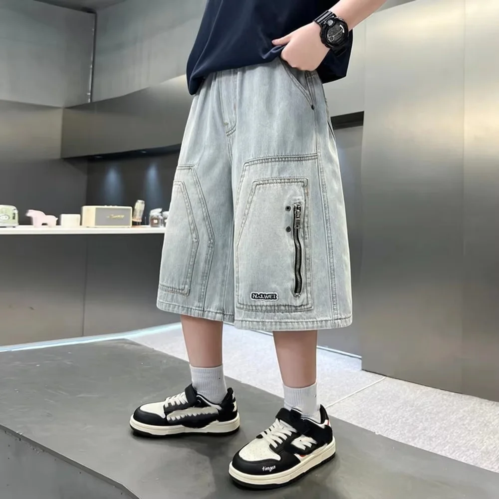 

Teens Boys Summer Denim Shorts For Kids Blue Vintage Zipper Jeans Children Casual Loose Cotton Calf Pants 5 7 9 11 13 14 Years