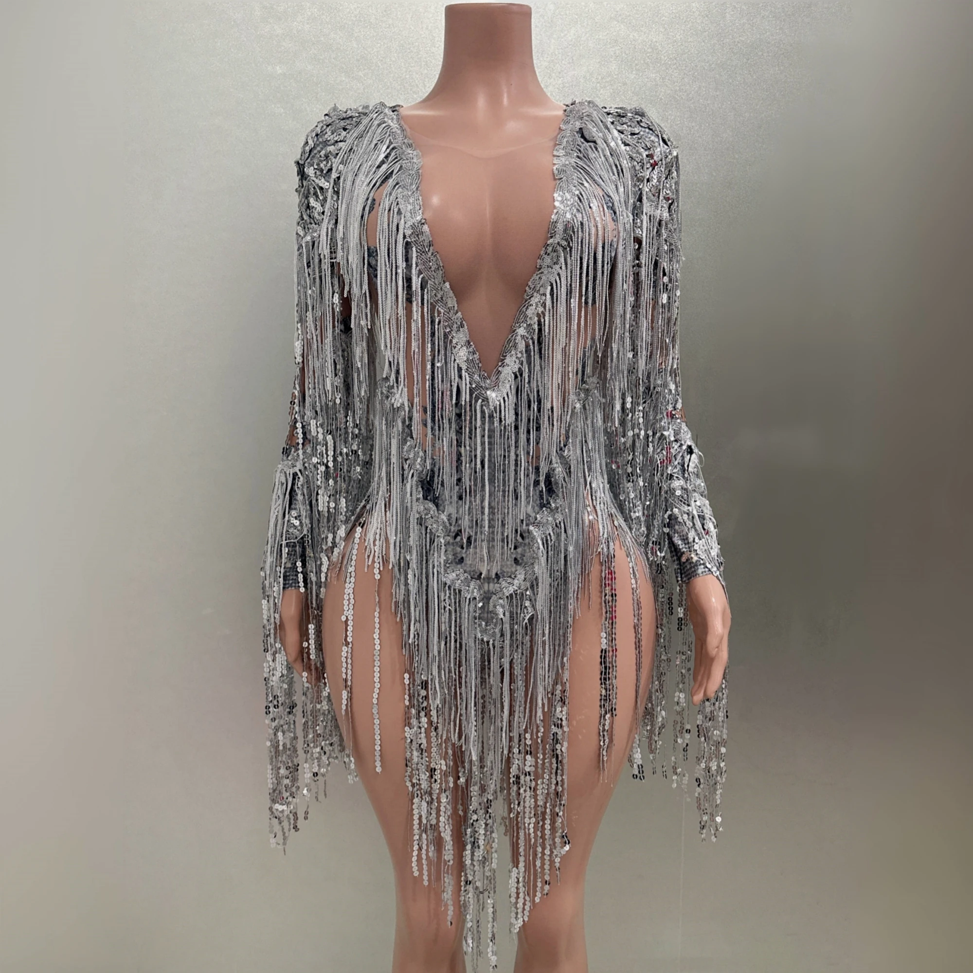 Women Long Sleeve Sexy Shinning Sequins Tassels Bodycon Bodysuit Bar Singer Nightclub Party Performance Costume Stage Wear