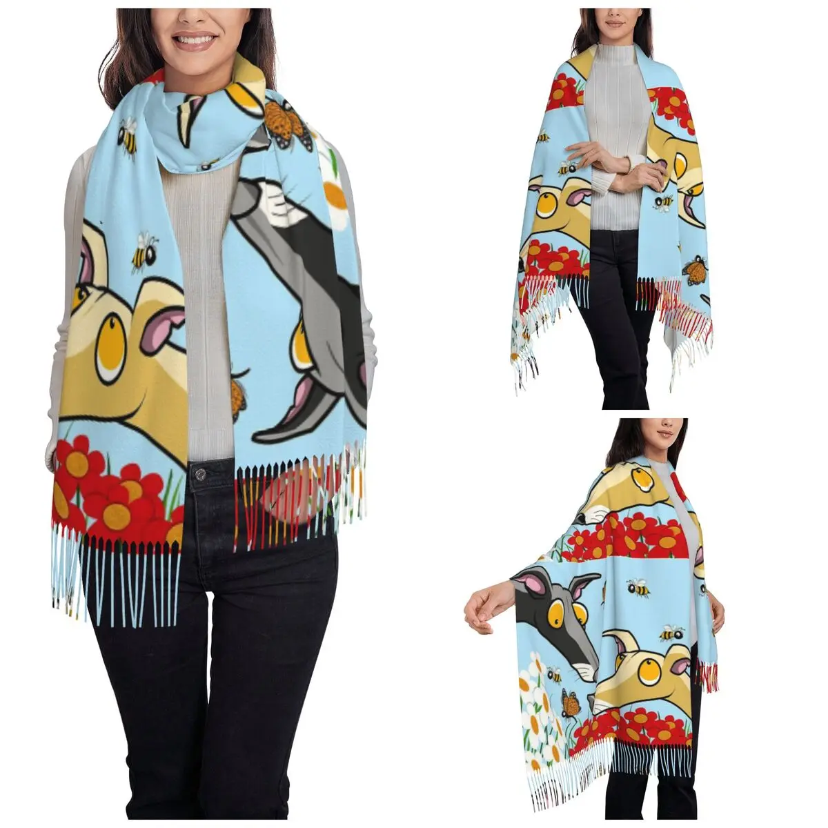 Women's Scarf with Tassel Hounds Bees Large Winter Warm Shawl and Wrap Greyhound Whippet Sighthound Dog Pashmina Scarves