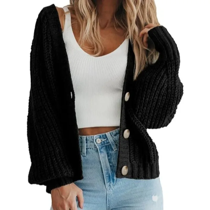 

Casual Lantern Sleeve Knitted Cardigan Women Solid Long-sleeved Single Breasted Loose Cardigans 2026 Lady Daily Commute Sweater
