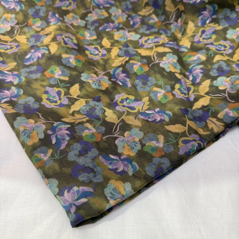 Pure ramie green printed fabric, handmade DIY sewing fabric