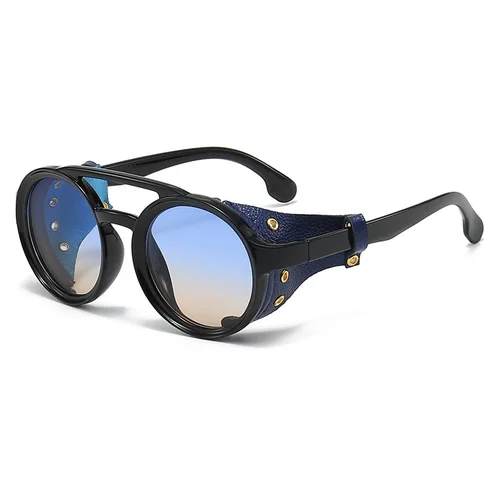 Gafas de sol de piloto PUNK para hombre y mujer, diseño de marca de lujo, redondas, de cuero Steampunk, Vintage, UV400