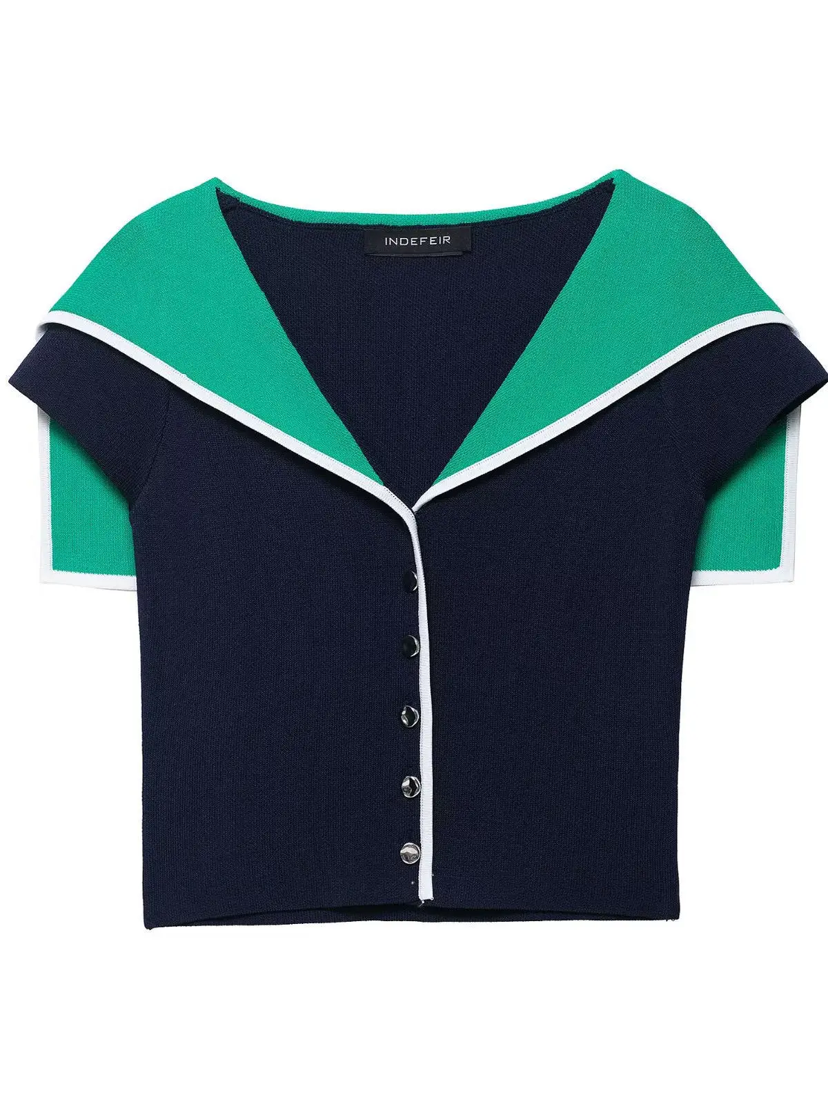 

Knitted Short Sleeve T-Shirt Women's Summer Short Shoulder Half Sleeve Top College Style Navy Collar Trendy Casual Shirt