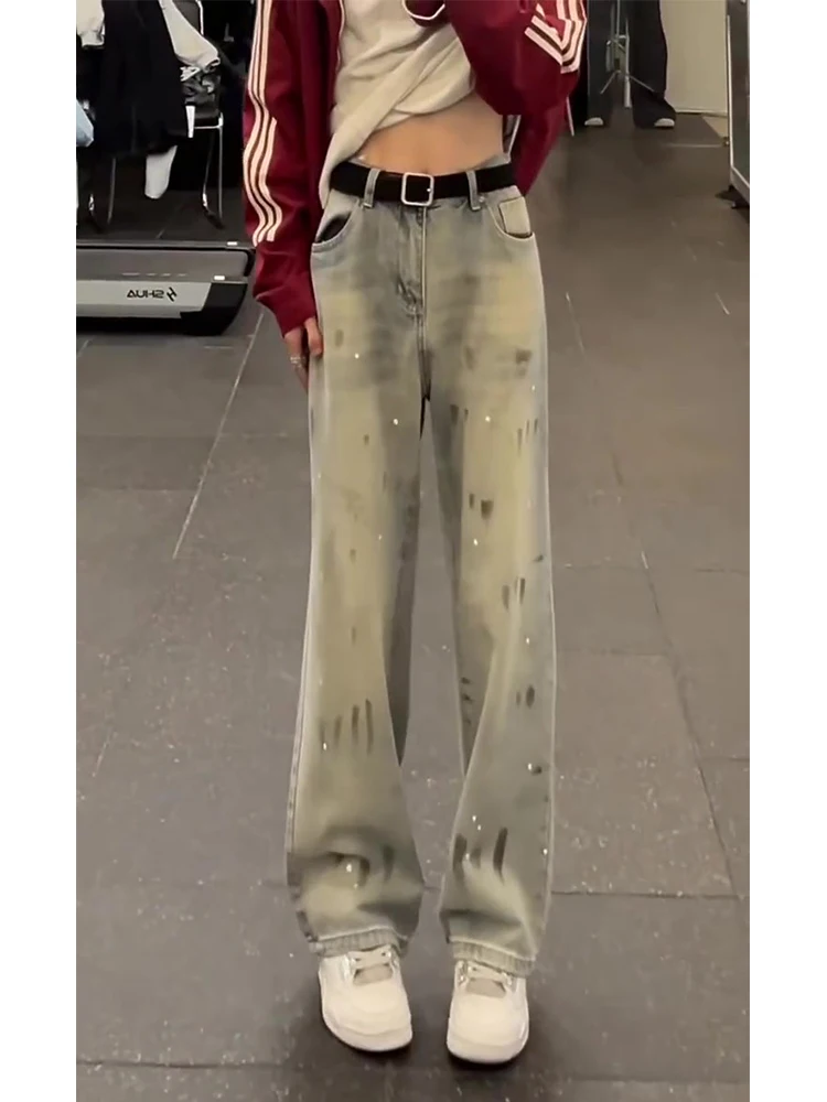 

American High Street Splaed Ink Denim Jeans Men's Winter Fce High Waist Straight Leg Bell Bot Casual Wear