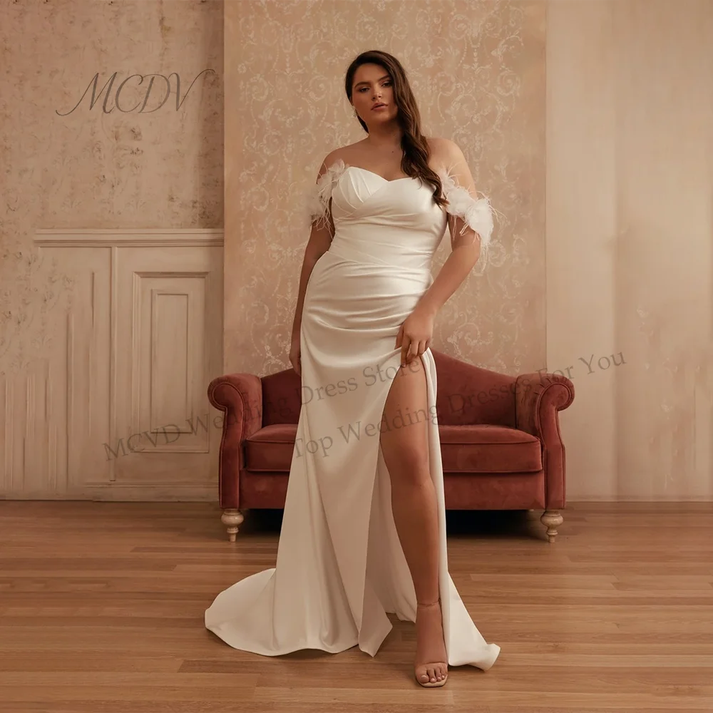 

Plus Size Satin Wedding Dresses Feature Off Shoulder Mermaid Side Split Simple Bridal Reception Dresses For Woman Customized