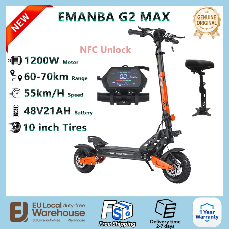 Nouveau EMANBA G2 Max Scooter électrique 1200W moteur 48V21AH avec siège compteur LED NFC déverrouiller banlieue voyage E Scooter 1 an de garantie
