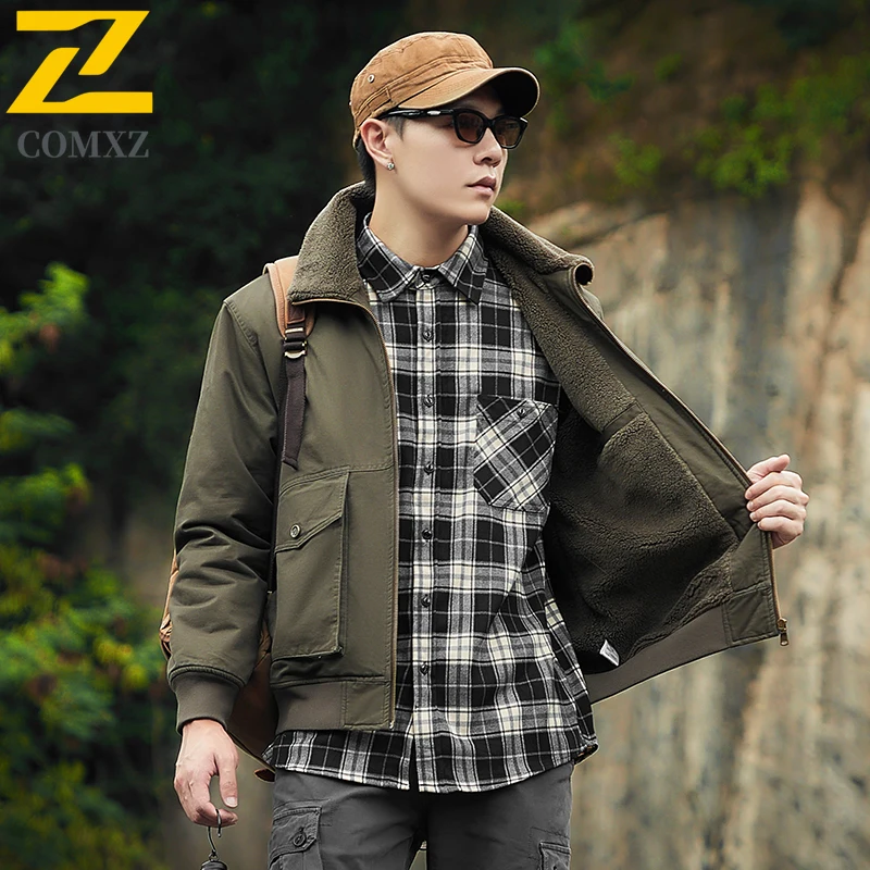 

Men Fleece Jacket Autumn Winter Added Fleece Thickened Windproof Warm Big Size Lapel Collar Men Jacket Outdoor Camp Hunting Coat
