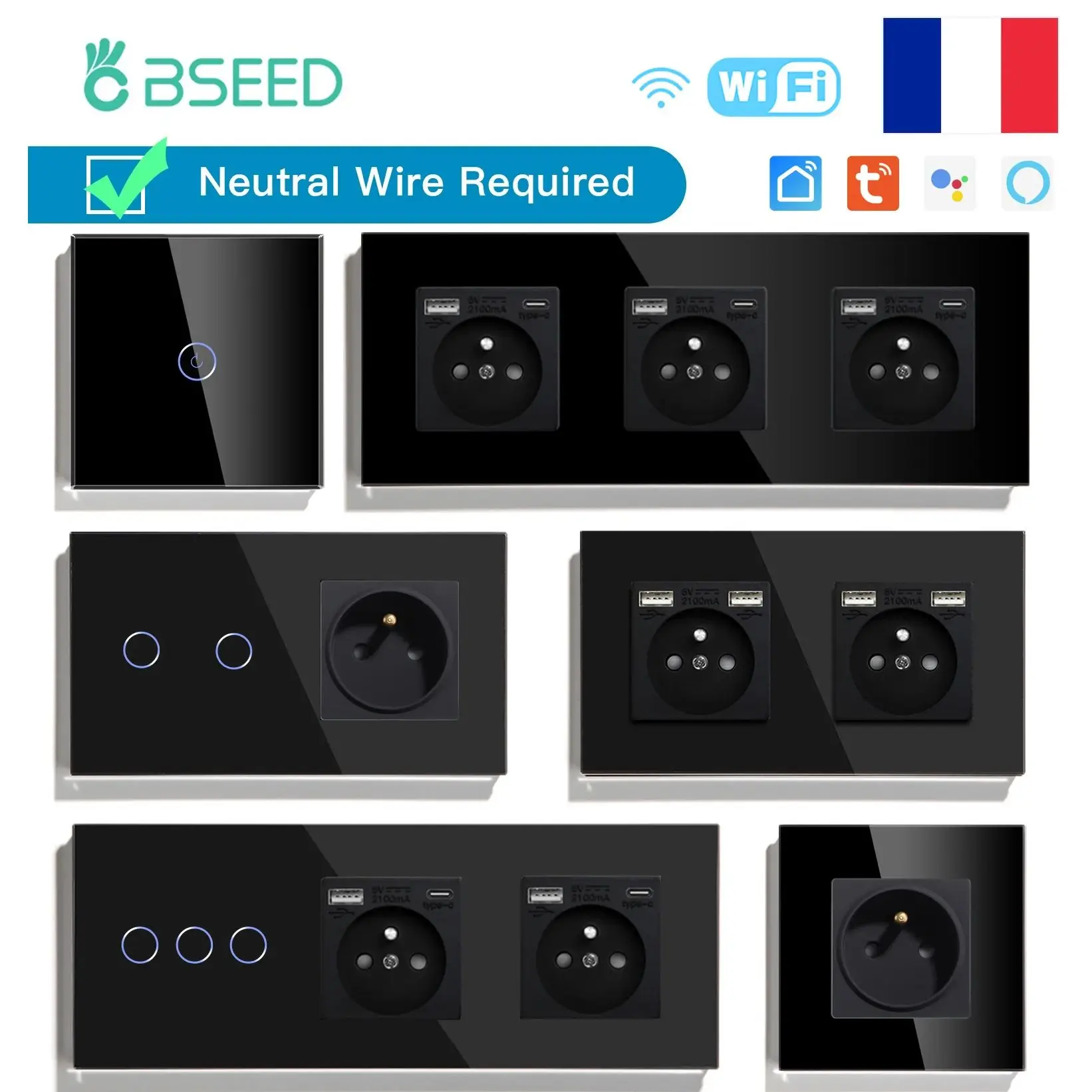 BSEED 스마트 터치 스위치 – 알렉사 호환, USB C 충전, 일반 프랑스 소켓, 1갱/2갱/3갱 옵션