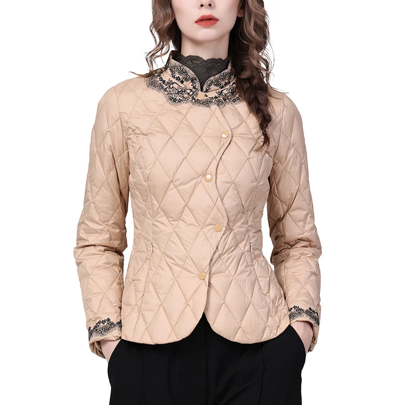 Newest 2022 Winter New Women\' Light Pink Down Jacket Lightweight Warm Slim Short Embroidered Lace Short Coat Stand-Up Jackets