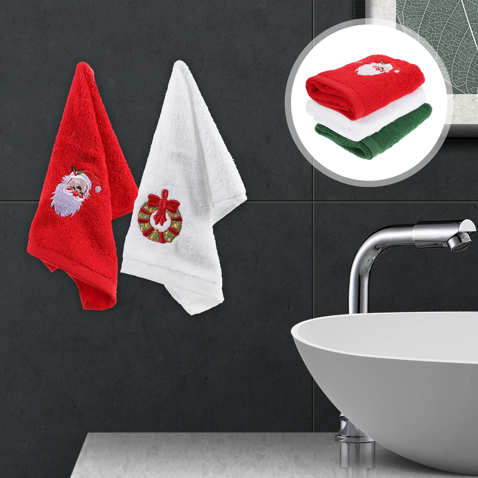 

3pcs Christmas Embroidery Set Soft Face Bath Festive Holiday Decor Creative Design Comfortable Xmas Christmas Cotton