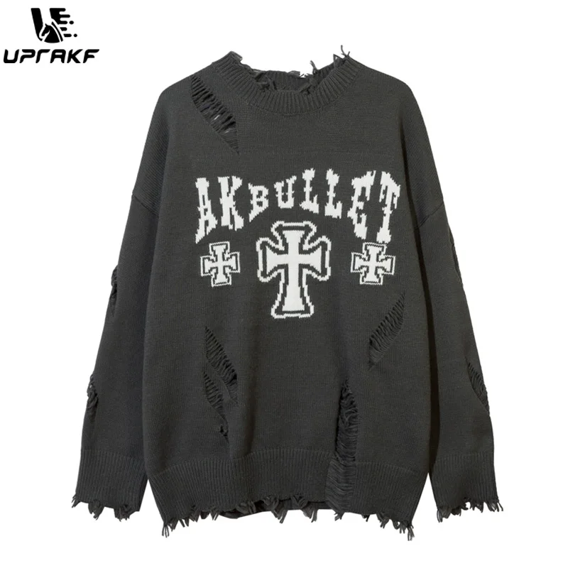 

UPRAKF Cross Ripped Sweater Autumn Loose Knitted Jumper Winter Fashion Streetwear Pullover Warm Casual