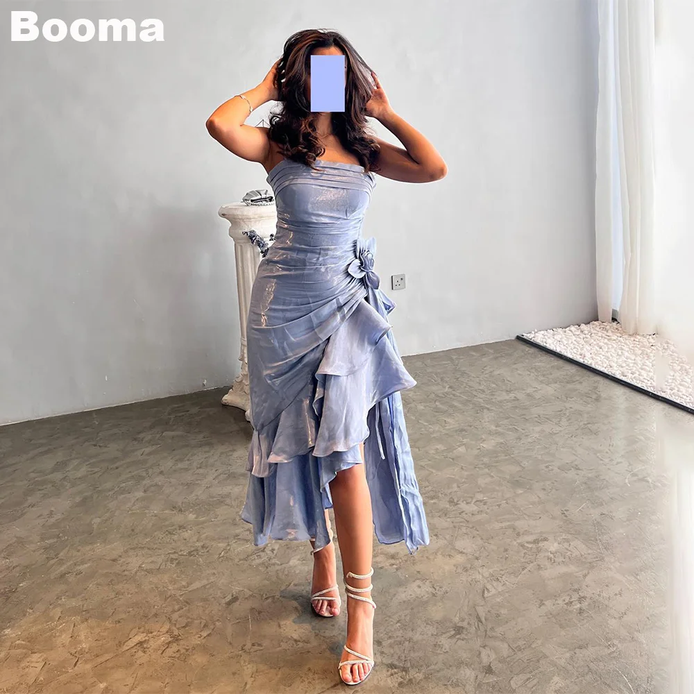 

Booma Short Mermaid Evening Dresses Ruffles Tiered Flowers Strapless Prom Gowns for Women Saudi Arabic Party Events Dress Dubai