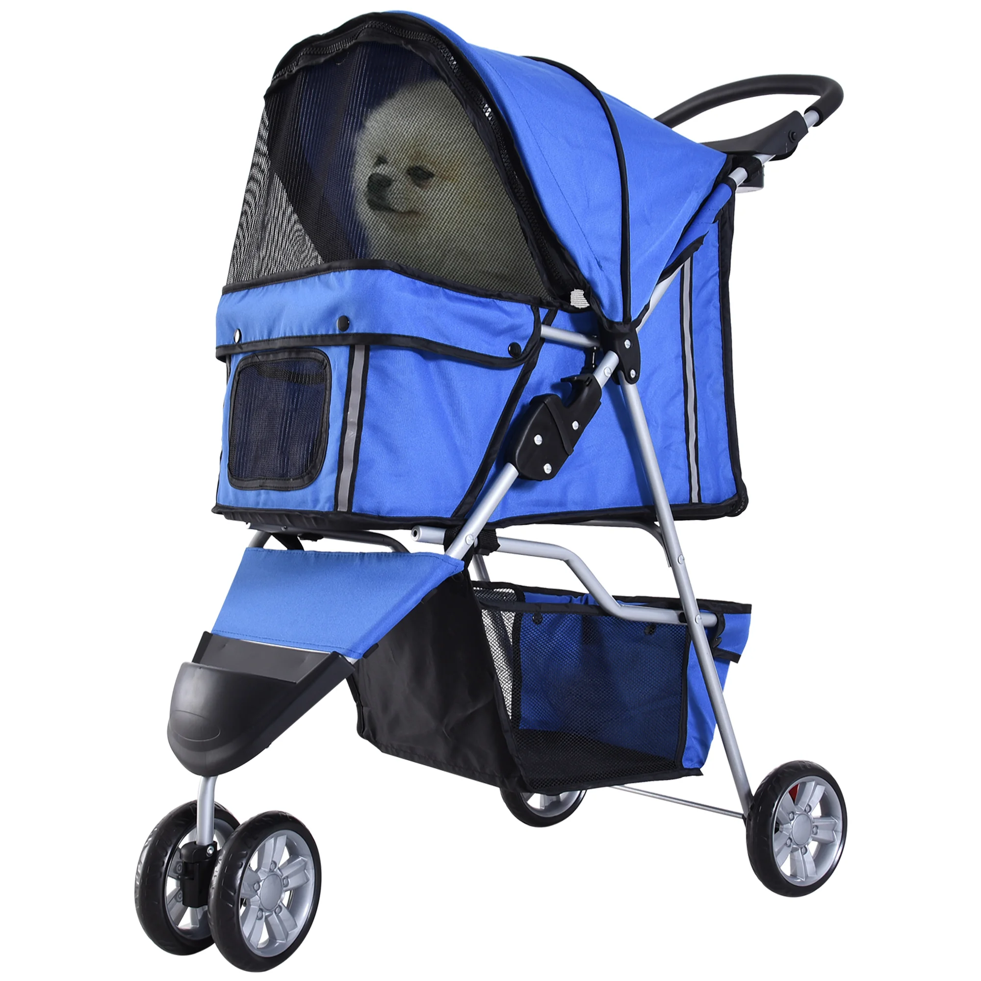 Pawhut Wandelwagen voor kleine honden met opbergmand, gaasramen en 2 universele wielen 75X45X97 cm Blauw