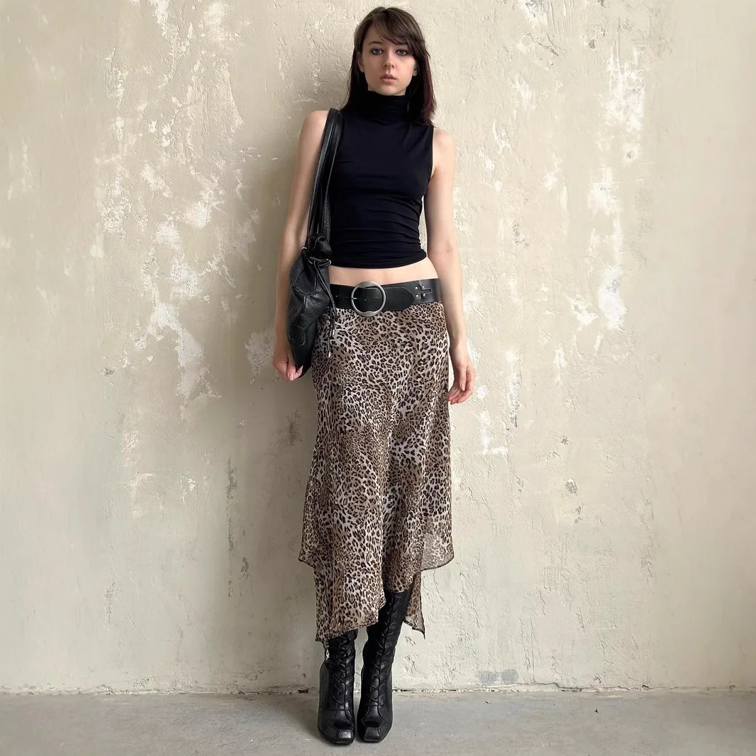 Summer High Waisted Leopard Print Skirt Spicy Girl Casual Irregular Mesh Half Skirt American Street Vacation Style Women Skirt