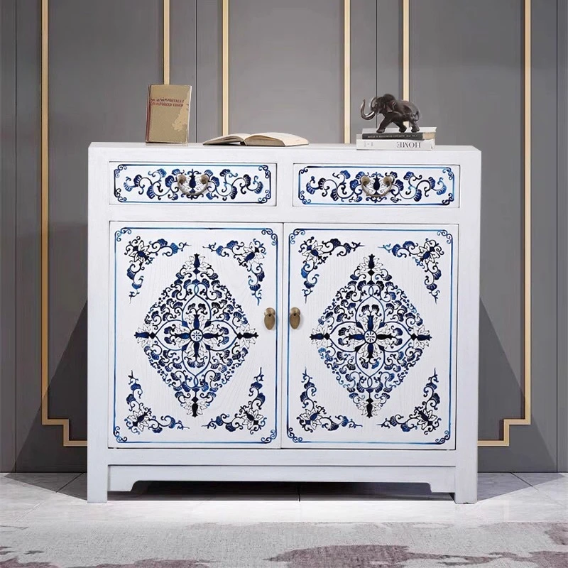 Solid wood entrance shoe cabinet hand-painted large-capacity storage decorative cabinet fixed