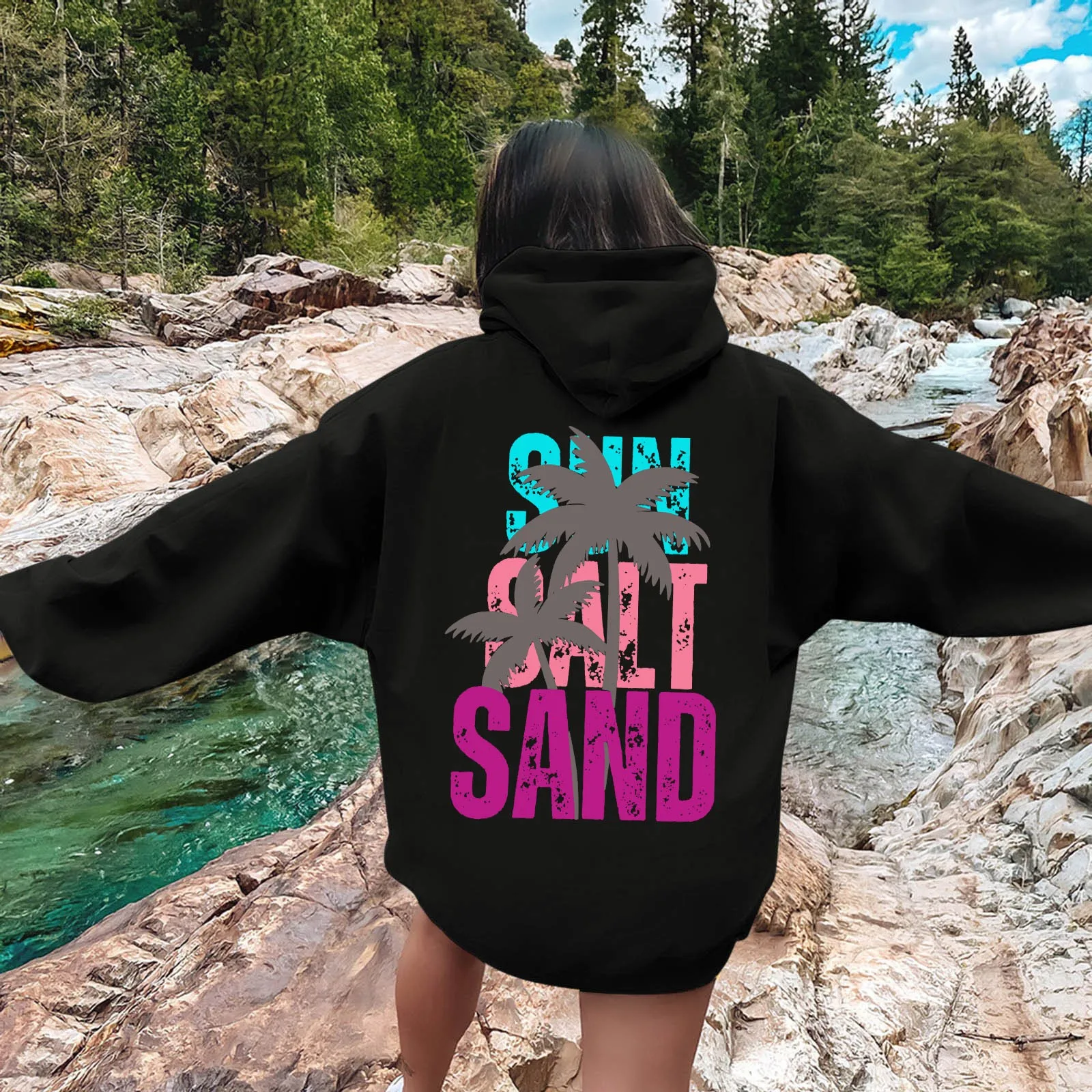 

SUN SALT SAND Letter-Printed Women'S Hoodie Girls Beach Sweatshirt Coconut Girls Hoodie Casual Fashion Loose Pullover