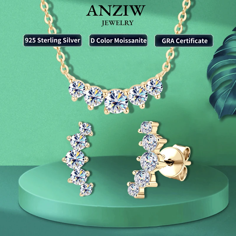 Anziw 5 Stones Moissanite Jewelry Set 925 Silver Smile Curved Stud Earrings Necklace Sets for Women Gift Valentine Day Christmas