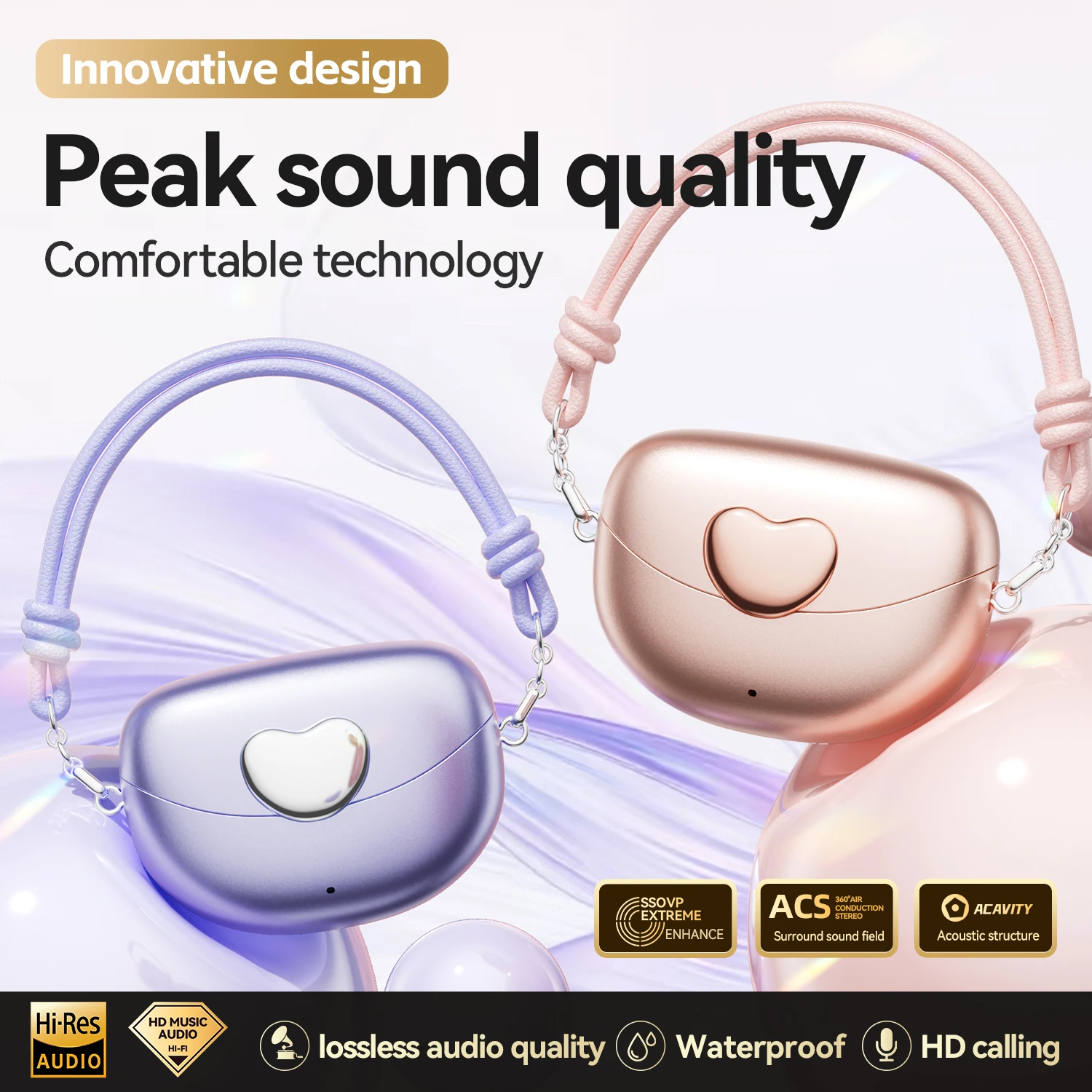 Auricolari wireless con clip alla moda con custodia di ricarica a forma di cuore Suono HiFi Auricolari Bluetooth6.0 IPX7 impermeabili con clip per l'orecchio