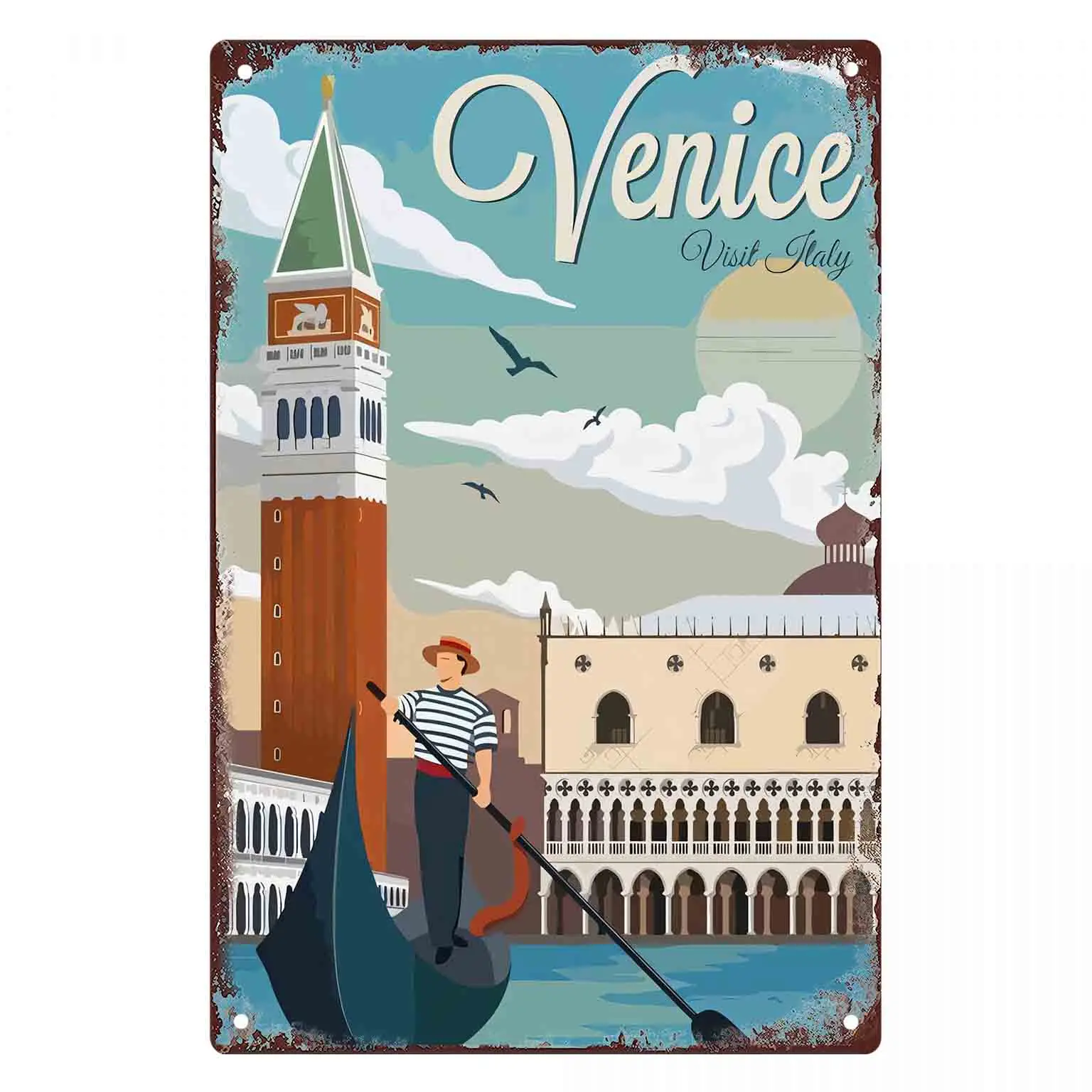 2D FLAT 1pc Venice Gondola Travel Poster Metal Wall Sign Decoration for Home Cafe Garage Bedroom Porch And Garden