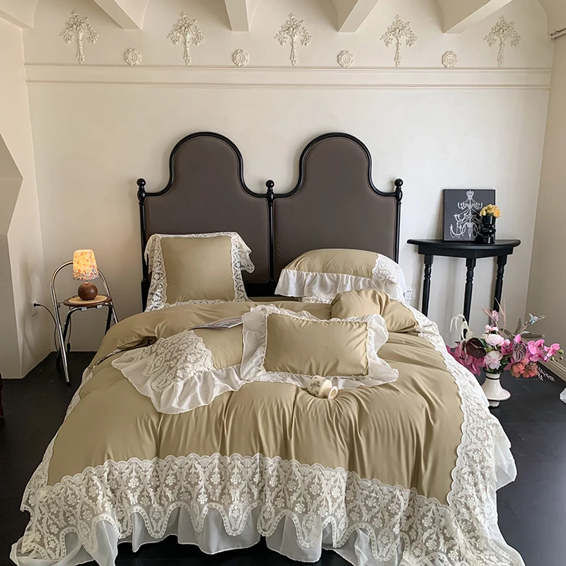 Vintage French Romance Lace Ruffles Bedding Set, 200x230cm, Duvet Cover, Bed Sheet, Pillowcases, Princess Wedding Bed Set 4Pcs