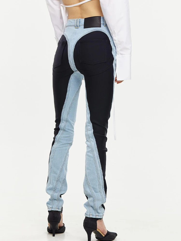 

2023 Patchwork Colorblock Women's Jeans High Waist Slim Casual Straight Denim Pencil Pants Female Fashion