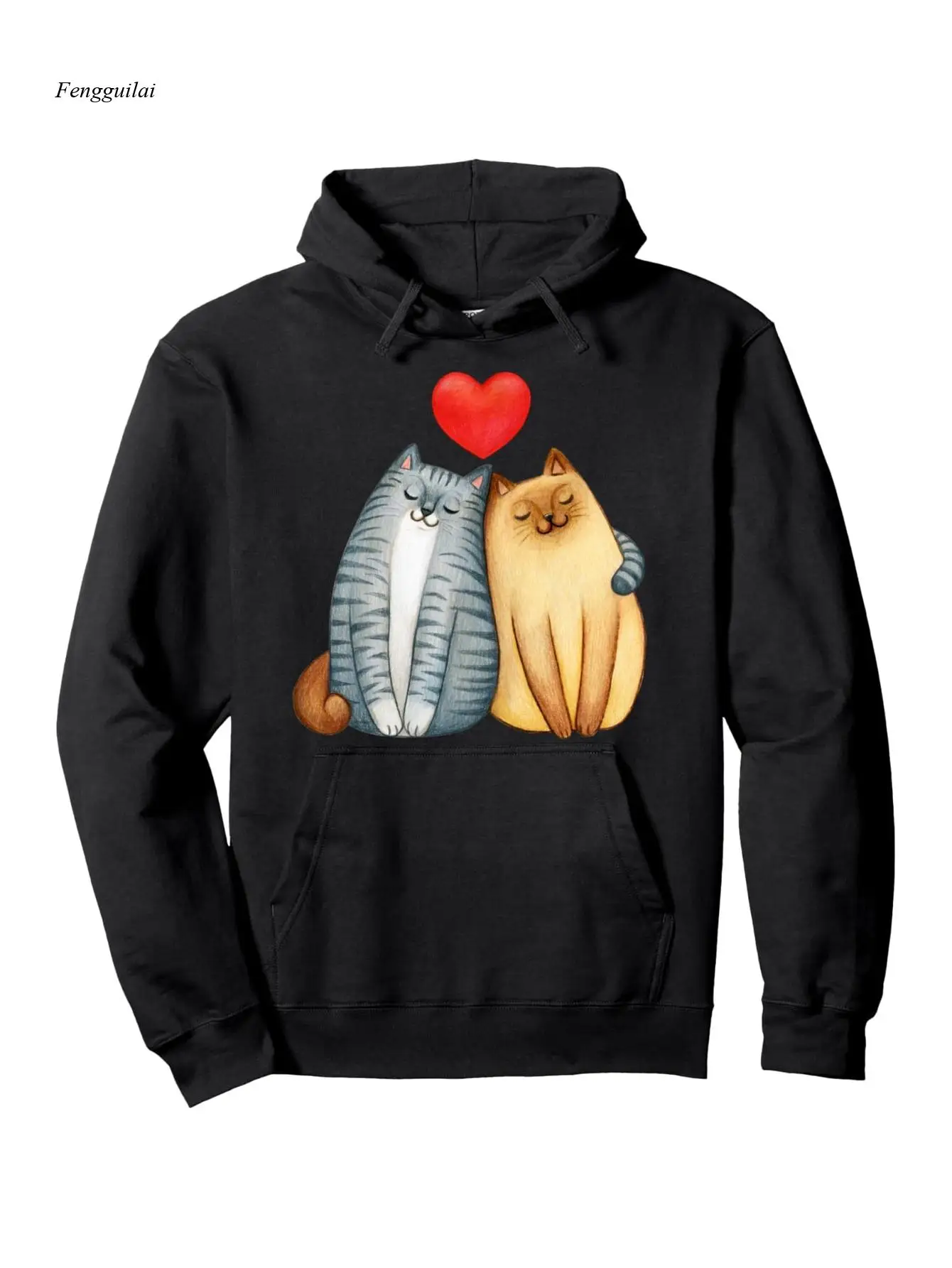 

Милый пуловер с капюшоном для любителей кошек на День святого Валентина | Прочная, теплая, стильная черная толстовка из ткани, стандартного кроя