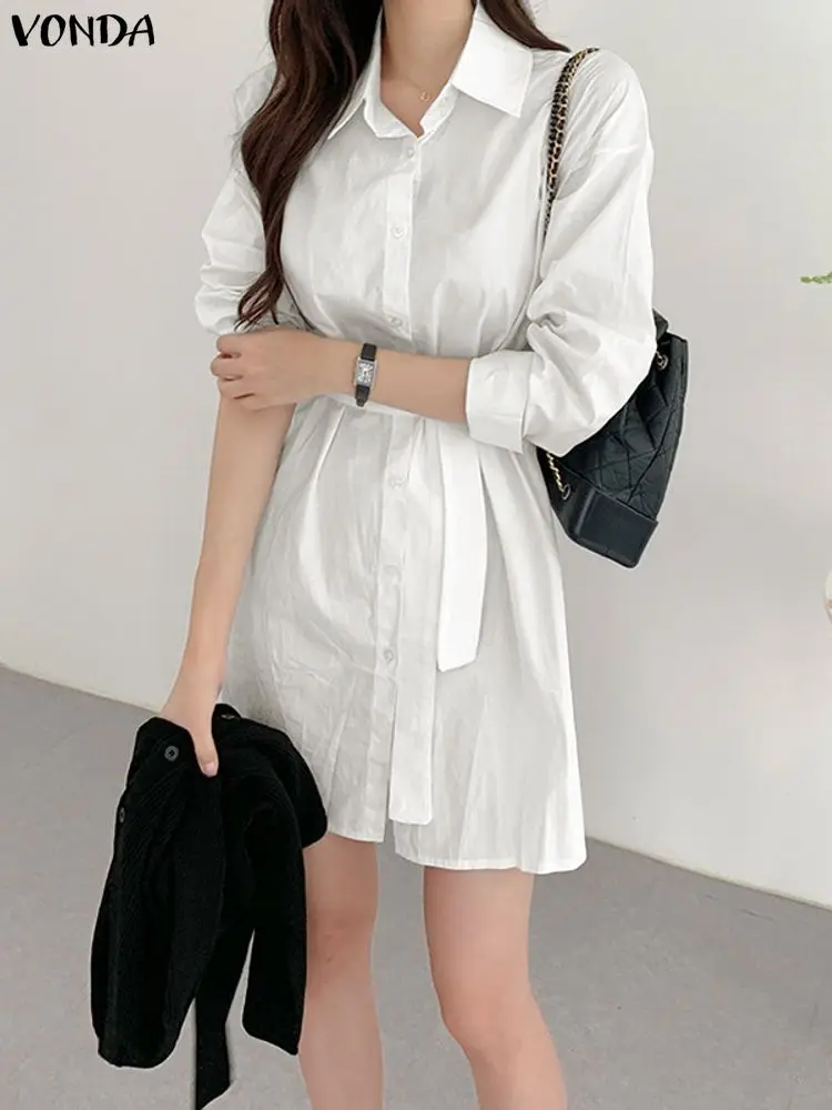 VONDA Sukienka koszulowa z długim rękawem, damska, elegancka, jesień 2025, modna, codzienna mini sukienka letnia, zapinana na guziki, z paskiem.