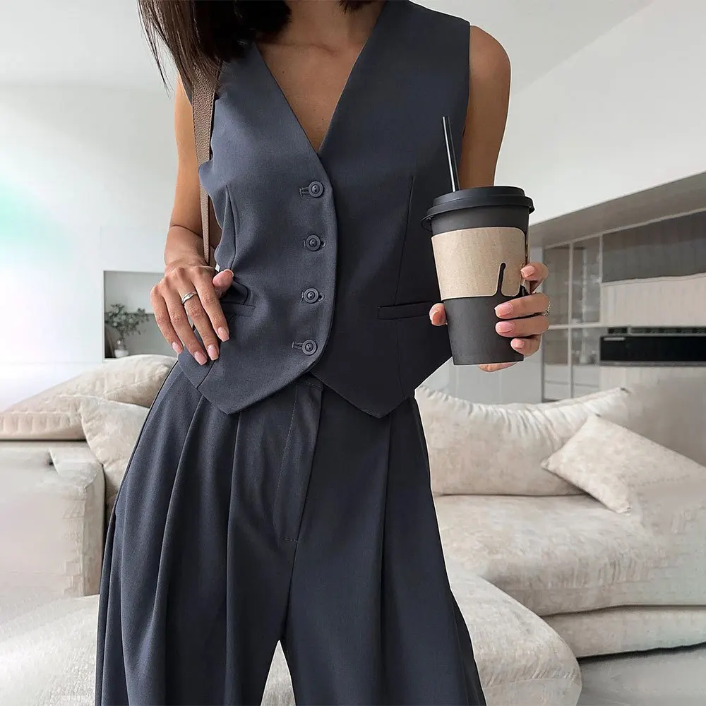 Blazer Tank Long Pants Women\'s Suit Sleeveless V-neck Buttoned Vest High Waist Pant 2024 Spring New Lady Commuter 2-piece Set