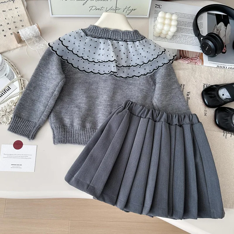 

Girls Fashionable Suit Skirt Spring and Autumn2025New Little Girl Fashion Autumn Outfit Children's Sweater Pleated Skirt Two-Pie
