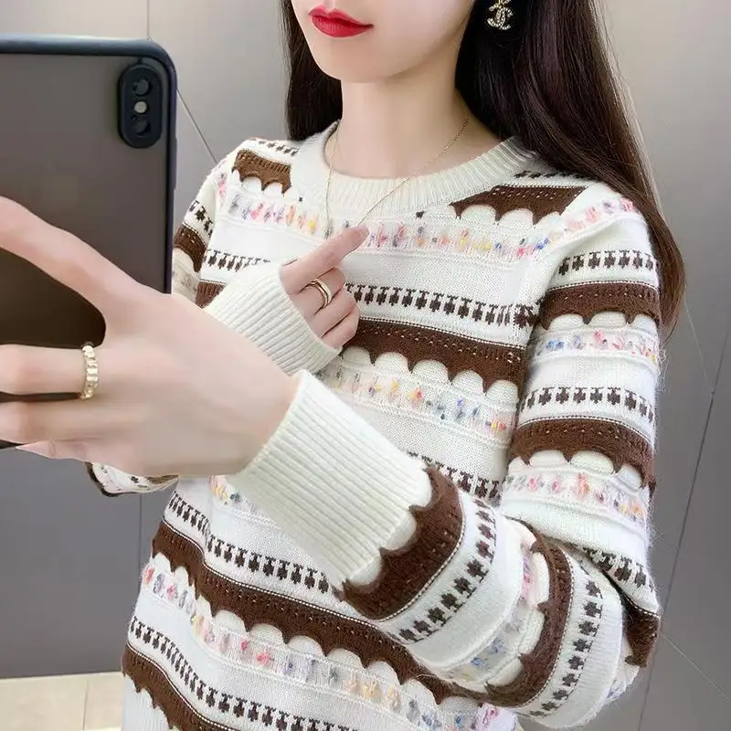 Otoño Invierno suéter de punto mujer pulóver Casual suelto manga larga grueso cálido suéter a rayas