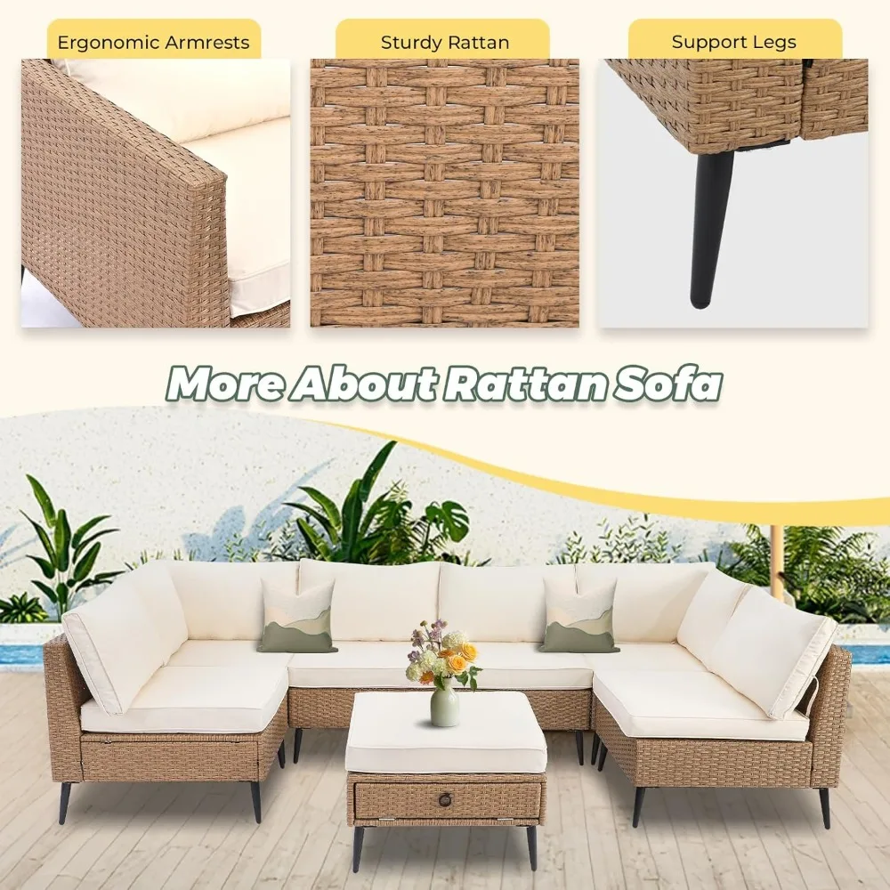 Conjunto de móveis para exterior de 7 peças, conjunto de sofá secional de vime para todos os climas, conjuntos de conversa de vime com almofadas e armazenamento