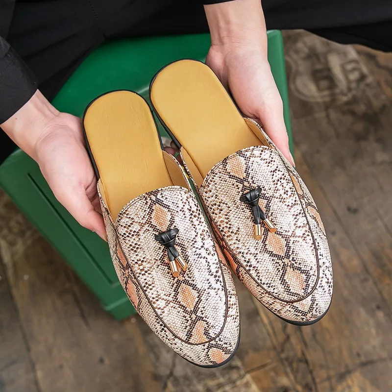 half shoe men tassel loafers slip on mules designer shoes for man slippers luxury slides for man leopard mens mules homme
