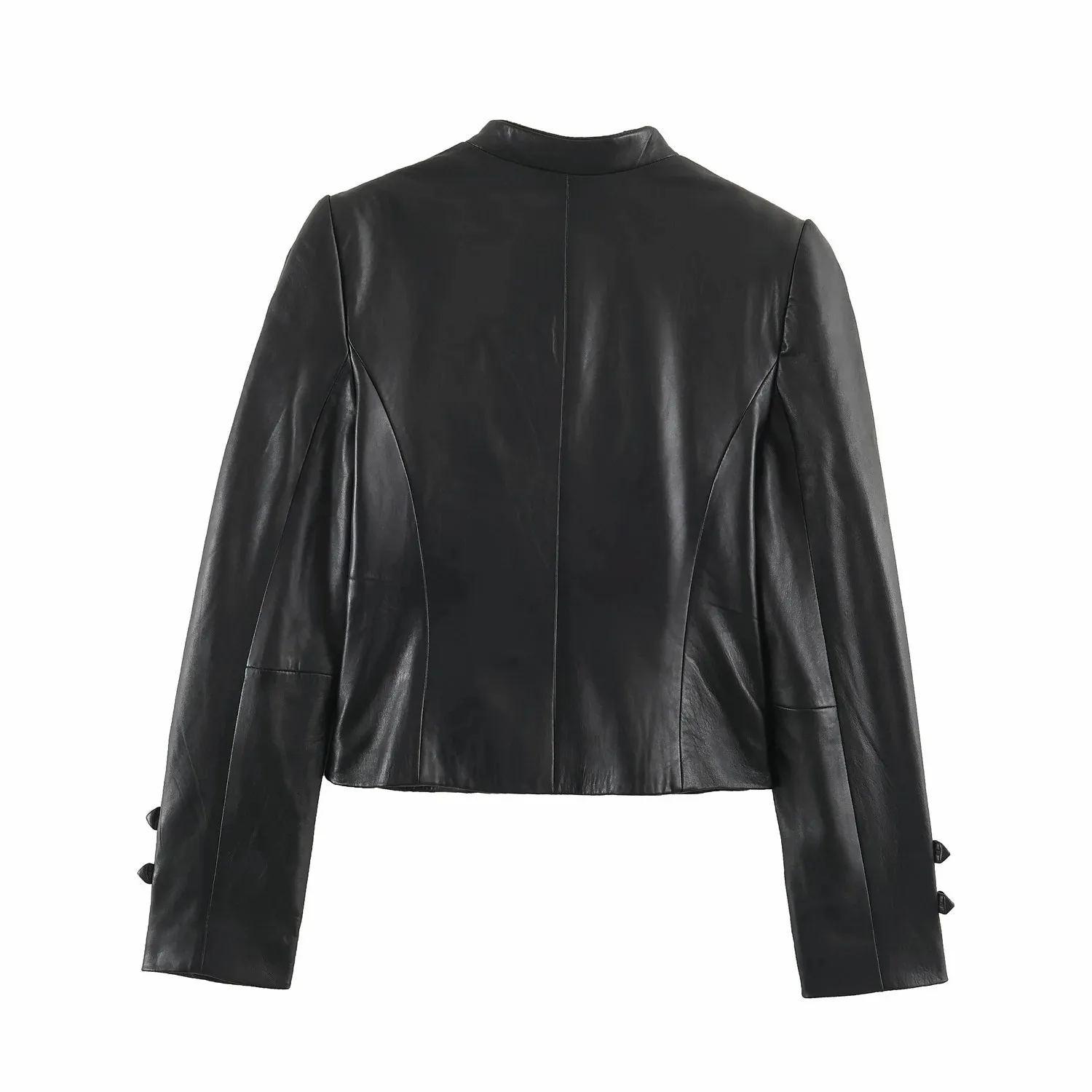 Damen Street-Chic Schwarze Lederjacken für Frauen Langarm Seilknoten Schnalle Kurzmantel 2026 Herbst Casual Neue Oberbekleidung – Detail 3
