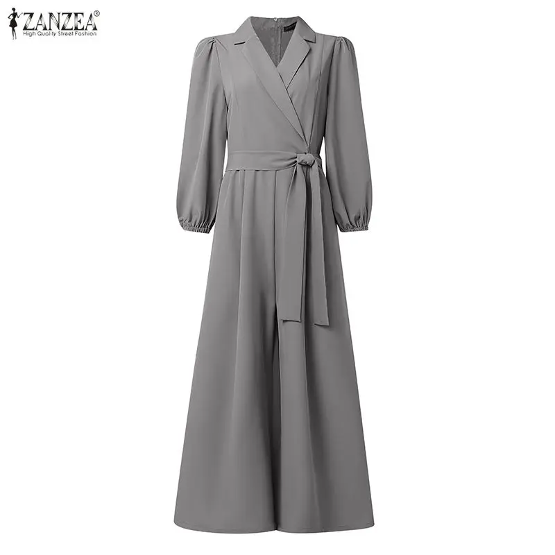 

Элегантные шикарные комбинезоны с широкими штанинами для женщин, комбинезоны с лацканами и длинными рукавами, комбинезоны с завязками на талии, ZANZEA, однотонный комбинезон для офиса, однотонный комбинезон для офиса