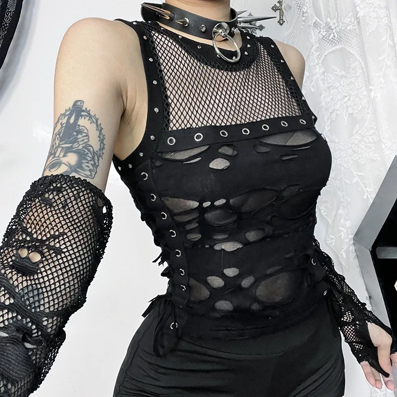 Emo Streetwear Mall Gothic Vest Women Y2k Sexy Hole See Through Lace-up Crop Tank Tops New Fashion Cyber Punk Rave Outfits Femme