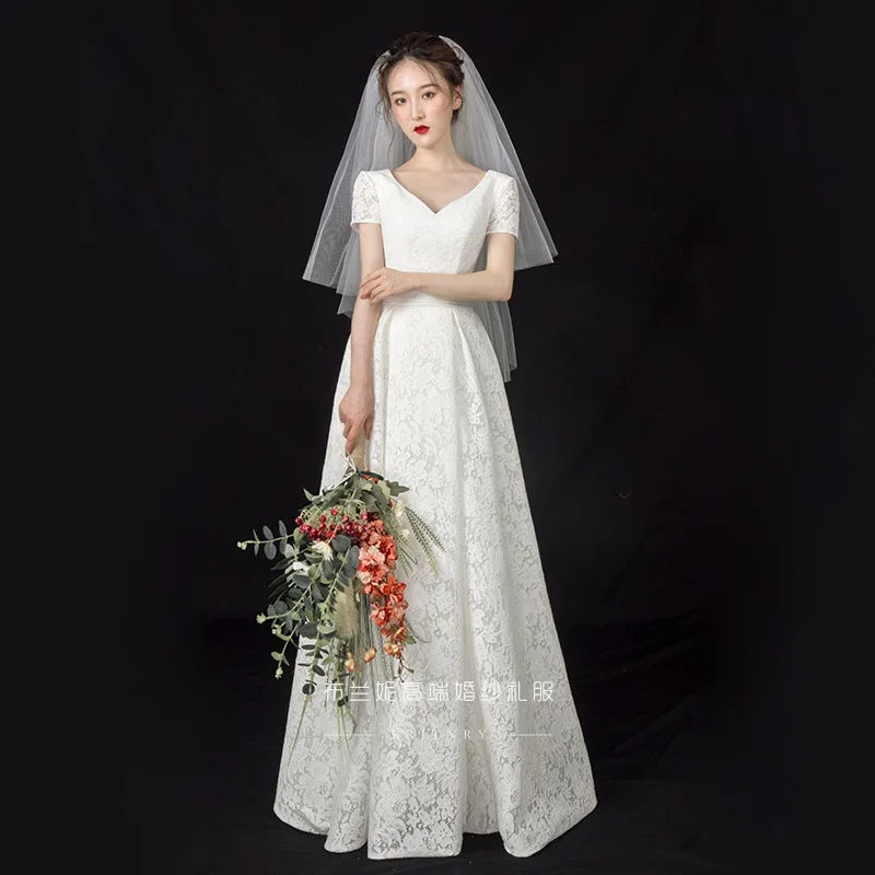 

Wedding Dress2025New Style Petite Bride Simple Off-Shoulder Vintage Lace Floor-Length Outdoor Veil Travel Shoot Light Veil