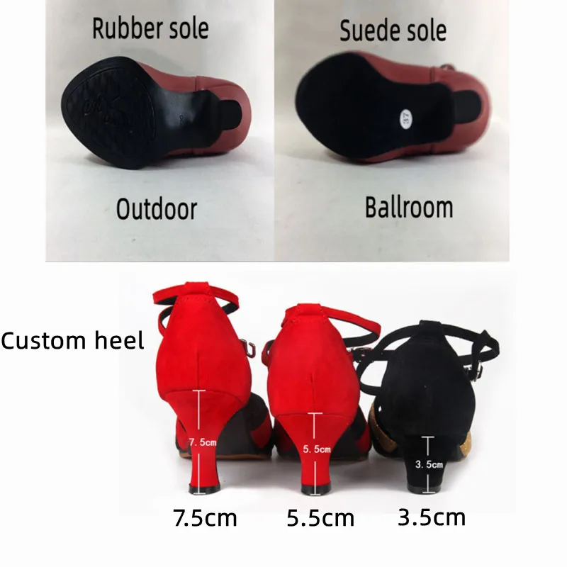 Women Latin Dance Shoes Suede Sole Gold Silver Red Ballroom Tango Dancing Shoes Closed Toe Cuban Heels Party Dance Shoes