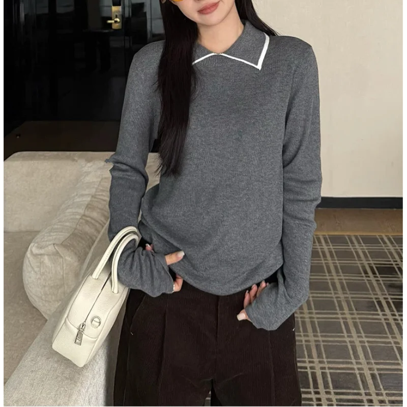 Estilo coreano bloco de cor gola polo camisola de malha das mulheres outono inverno novo estilo camisola fino ajuste design sentido camada base topo