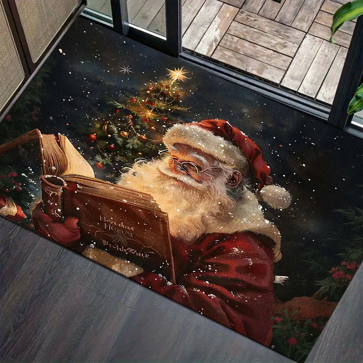 1pc Instagram Style Santa Reading By Christmas Tree Doormat, Washable And Easy To Clean, Durable Comfortable, Perfect