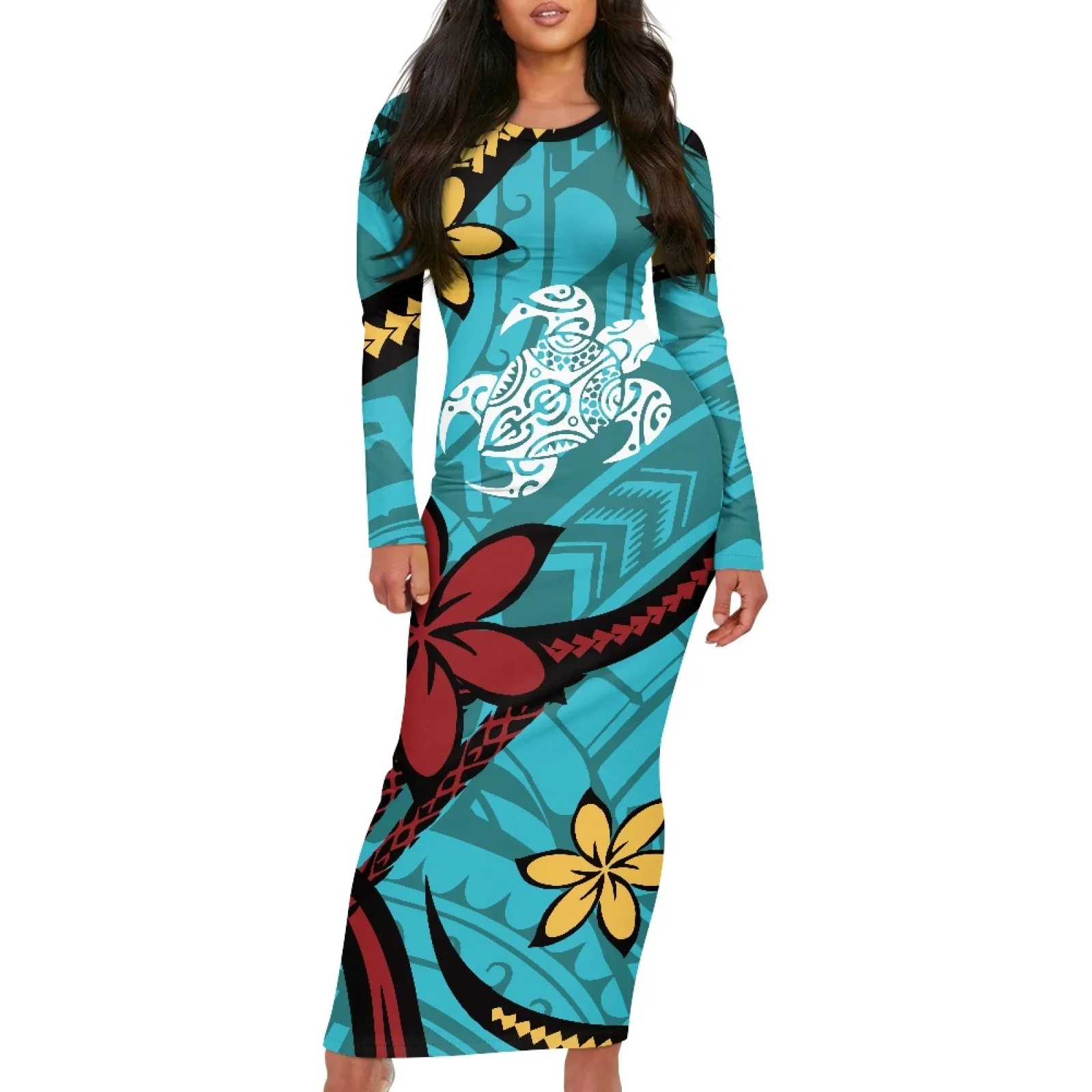 Polynesian Tribal Fijian Totem Tattoo Fiji Prints Lady Elegant Long-Sleeved Hibiscus Knitted Dress Beach Party Slim Maxi Dress