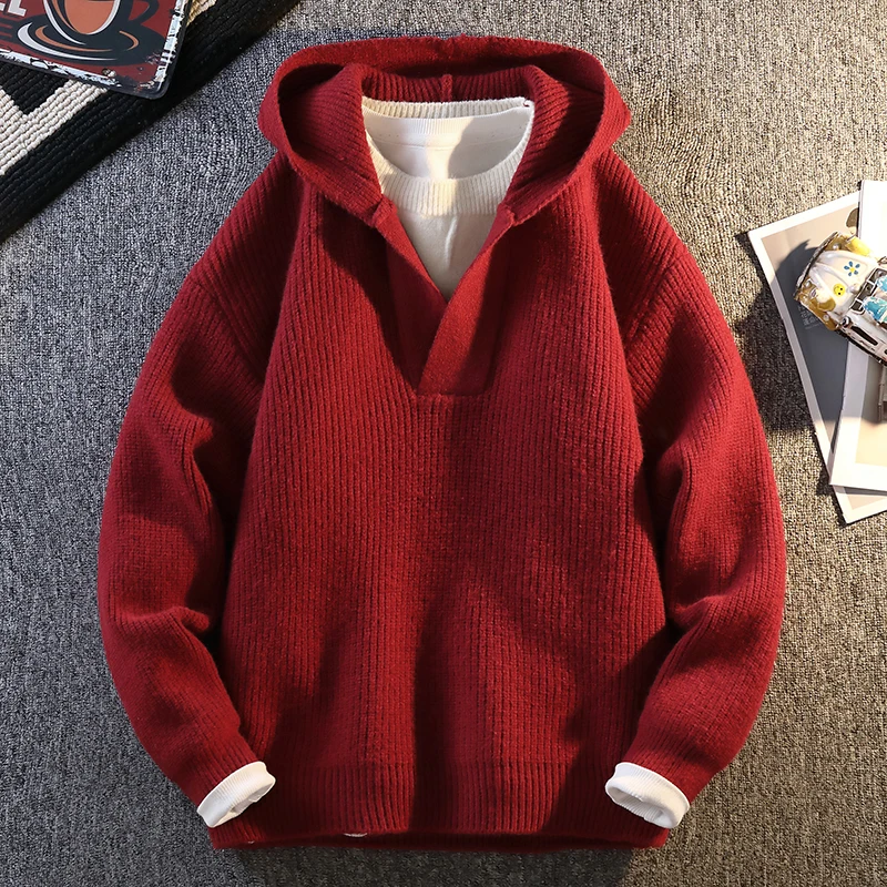 

Men's V Neck Hoodie Sweater Warm Casual Knit Pullover Solid Color Long Sleeve Shirt for Male Students